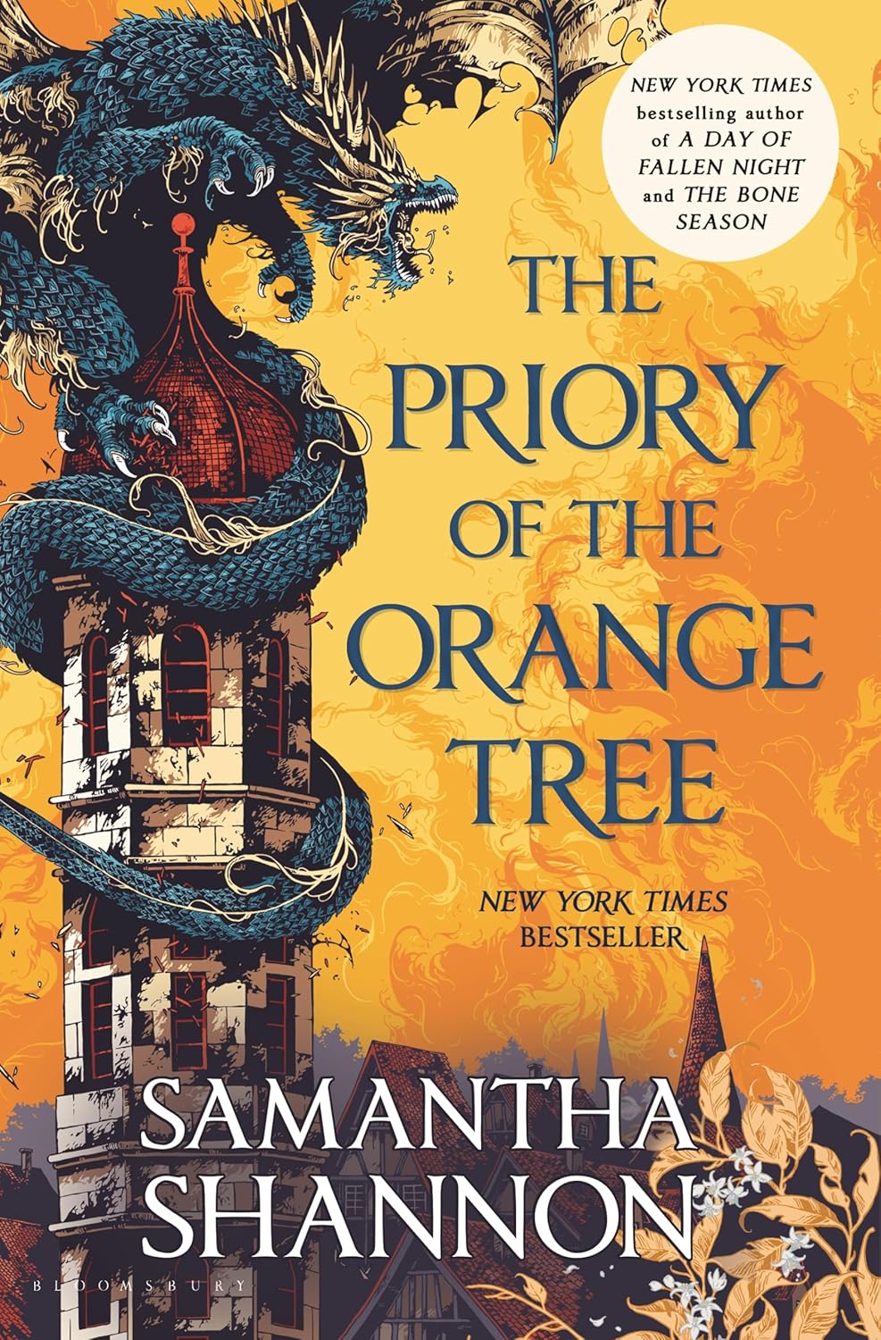 Navy blue and orange yellowy cover. Dragon around tower. The text reads Priory of the Orange Tree by Samantha Shannon.